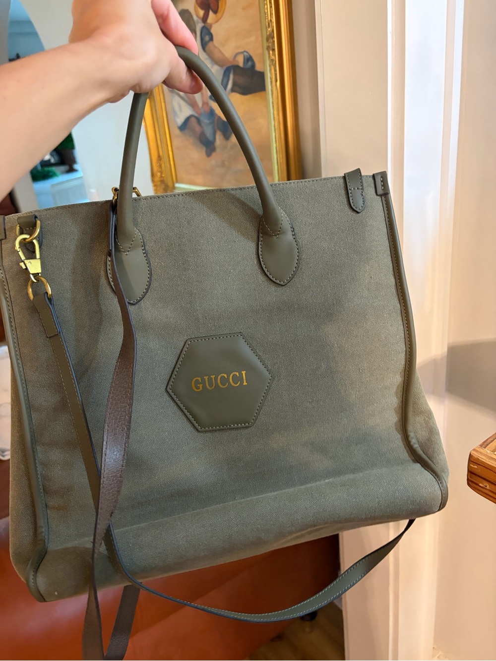 Gucci Olive Green Canvas Logo Tote with Brown Strap - Picture 4 of 5